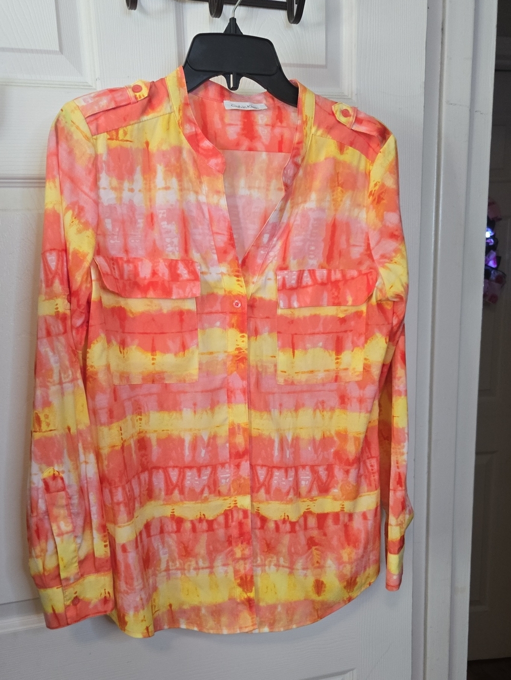 Calvin Klein Coral & Yellow Tie-Dye Button Down Blouse